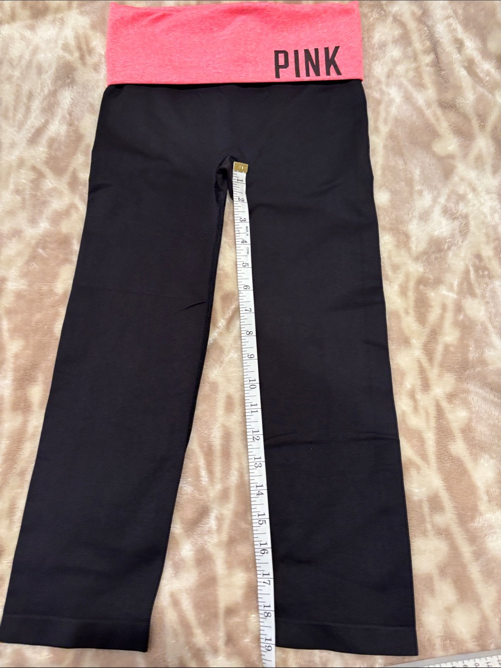 PINK Black Leggings with Coral Fold-Over Waistband